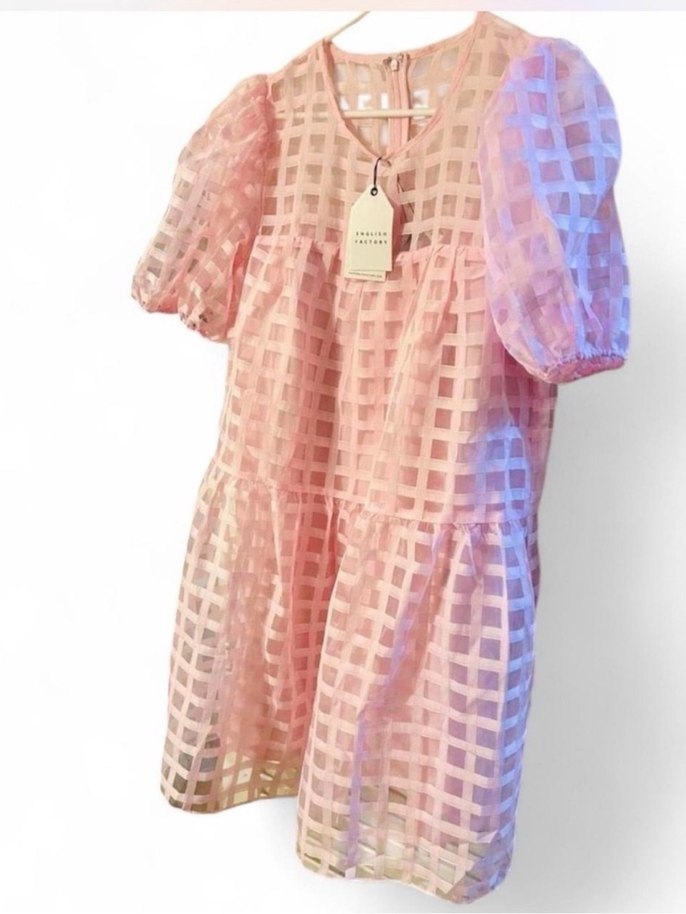 English Factory Pink Check Organza Puff-Sleeve Dress